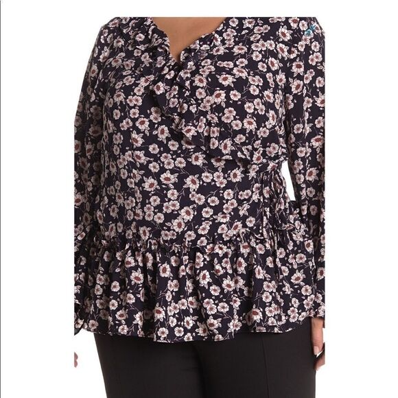 NWT! Everleigh Print Ruffle Wrap Blouse Navy/Rust - Picture 2 of 4